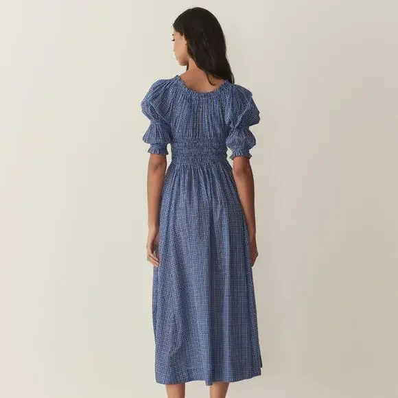 NWT Doen Ischia Cotton Voile Smocked Midi Maxi Dress Cassis Check Blue Plaid - Picture 7 of 16